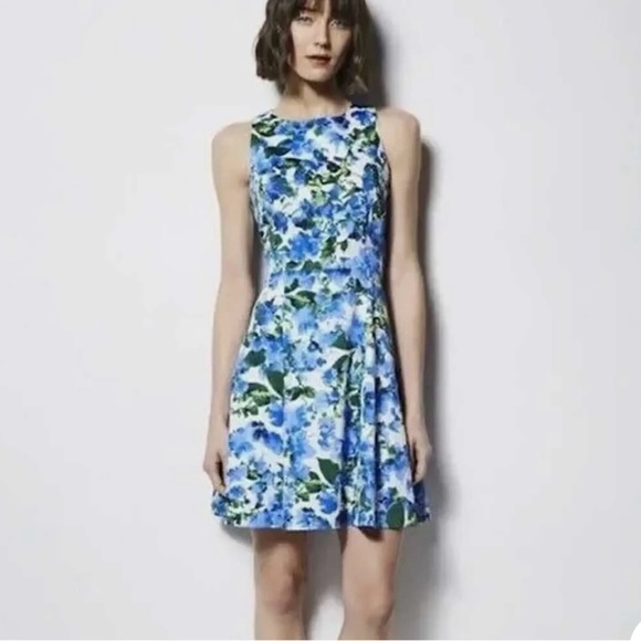MILLY FOR DESIGN NATION Cotton Floral Sleeveless Fit & Flare Blue/Green Dress 4